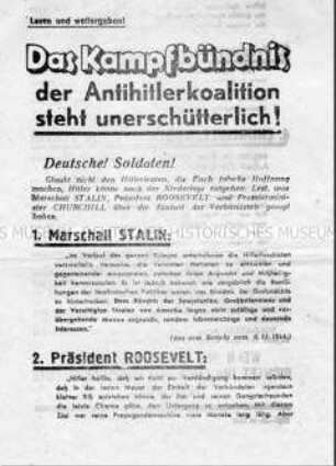 Sowjetisches Abwurf-Flugblatt mit Zitaten von Stalin, Roosevelt und Churchill zur Kriegslage und dem Aufruf, sich gefangen zu geben.
