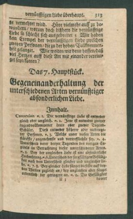 Das 7. Hauptstück. Gegeneinanderhaltung der unterschiedenen Arten vernünfftiger absonderlichen Liebe.
