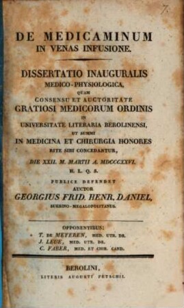 De medicaminum in venas infusione : Diss. inaug. med.-physiol.