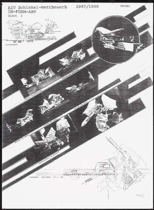 »In-form-art« Kulturinstitut der Zukunft am Kulturforum, Berlin-Tiergarten Schinkelwettbewerb 1988: Ansichten, Grundriss 1:500