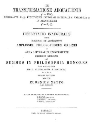 De transformatione aequationis y n = R (x), designante R (x) functionem integram rationalem variabilis x, in aequationem [Epsilon] 2 = R 1 ([Xi])