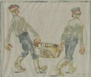 Zwei Soldaten in Arbeitskleidung, Rückansicht, die einen überlaufenden schweren Bottich tragen (Karikatur)