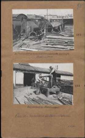 Zur Wiederherstellung in den Werkstätten aufgestapeltes beschädigtes Feldbahnmaterial