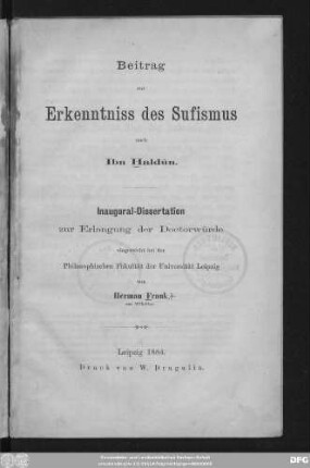 Beitrag zur Erkenntniss des Sufismus nach Ibn Ḫaldûn ...