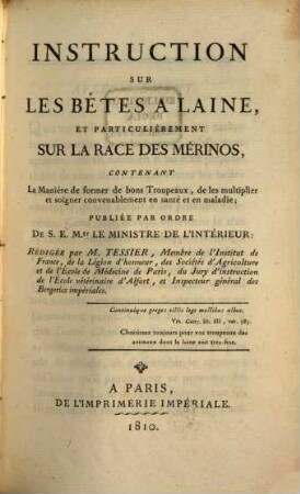 Instruction sur les Bêtes a laine, et particulierement sur la race de Merinos