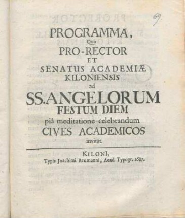 Programma, Quo Pro-Rector Et Senatus Academiae Kiloniensis ad SS. Angelorum Festum Diem pia meditatione celebrandum Cives Academicos invitat