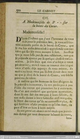 CIII. A Mademoiselle de P - - sur la bonte de Coeur
