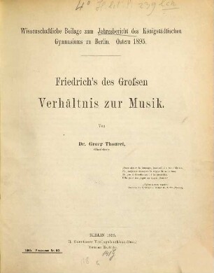 Friedrich's des Großen Verhältnis zur Musik