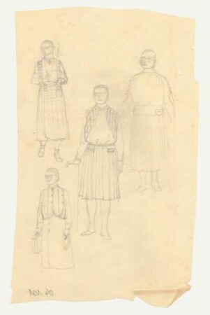 Studien zu Damenkostümen : Vier Frauen mit Schürze, Reisekostüm, Bluse, Rock und Weste, Kleid von hinten