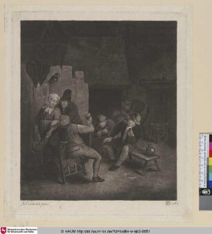 [Bauernstube mit sieben Figuren um einen Tisch; Peasant interior with seven figures]