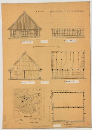 Avenwedde (Kreis Wiedenbrück): Hof Meier Avenwedde. - Lageplan. - Scheune (Grundriss, Ansichten, Schnitte)