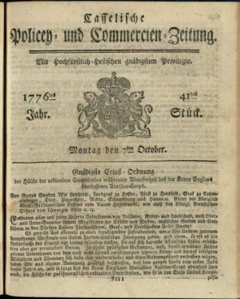 41tes Stueck, Montag den 7ten October 1776