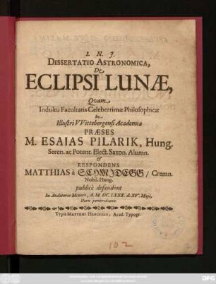 Dissertatio Astronomica, De Eclipsi Lunae