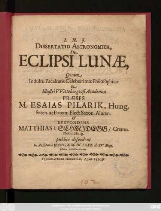 Dissertatio Astronomica, De Eclipsi Lunae