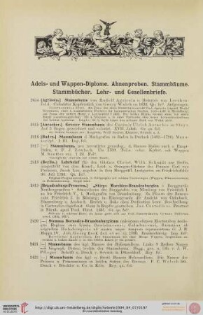 Adels- und Wappen-Diplome. Ahnenproben. Stammbäume. Stammbücher. Lehr-und Gesellenbriefe (Nr. 2414-2462)