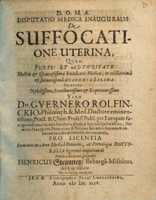 Disputatio Medica Inauguralis De Suffocatione Uterina