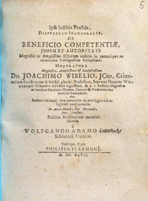 ... Disputatio Inauguralis, De Beneficio Competentiae