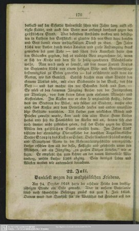 22. Juli. Dankfest wegen des westphälischen Friedens