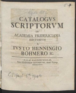 Catalogus Scriptorum In Academia Fridericiana