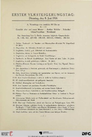 Erster Versteigerungstag: Dienstag, den 8. Juni 1926 (Nr. 1-512)