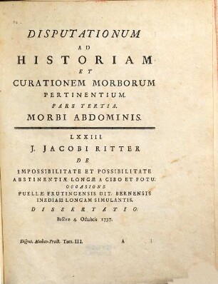Disputationes ad morborum historiam et curationem facientes, Tomus tertius. Ad morbos abdominis