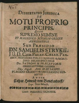 Dissertatio Iuridica De Motu Proprio Principis