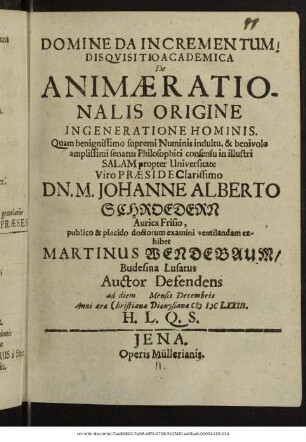 Disquisitio Academica De Animae Rationalis Origine Ingeneratione Hominis