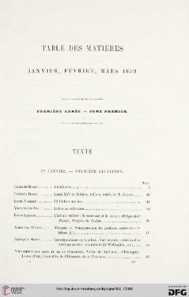 Tables des matières: Janvier, Février, Mars 1859
