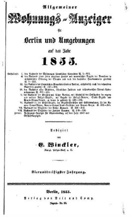 1855: Allgemeiner Wohnungs-Anzeiger für Berlin und Umgebungen