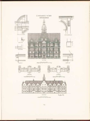 Irrenhaus, Berlin-Buch: Grundriss EG, 1.OG, Ansicht von der Hauptseite, Ansicht von der Gartenseite, Details Verwaltungsgebäude (aus: Neubauten der Stadt Berlin, Bd. VII, 1908)