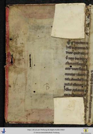 [Vorderer Spiegel - Vorsatzblatt] Fragmente einer Pergament-Hs. des 14. Jhs (philosophischer Text).