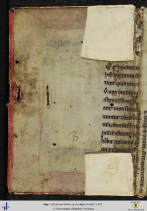 [Vorderer Spiegel - Vorsatzblatt] Fragmente einer Pergament-Hs. des 14. Jhs (philosophischer Text).