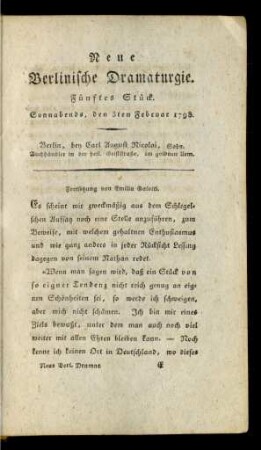 Fünftes Stück. Sonnabends, den 3ten Februar 1798