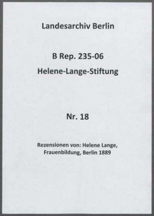 Rezensionen von: Helene Lange, Frauenbildung, Berlin 1889