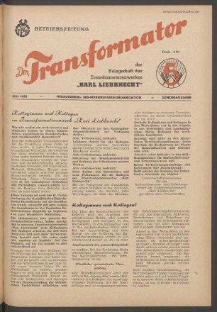 TRO-Betriebszeitung 'Der Transformator'; Sonderausgabe/1952 (Juli 1952)