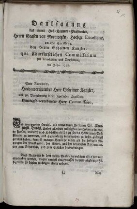 Danksagung des neuen Hof-Kammer-Präsidenten, Herrn Grafen von Morawitzky, Hochgr. Excellenz, an Se. Excellenz, den Herrn Geheimen Kanzler, qua Churfürstlichen Commissarium zur Introduction und Vorstellung : Im Jahre 1778