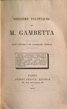 Discours politiques de M. Léon Gambetta : Deux lettres à un conseiller général