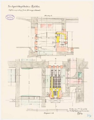 Landgericht, Ratibor Luftheizungsanlage für den Schwurgerichtssaal: Grundriss, Schnitt, 1:20