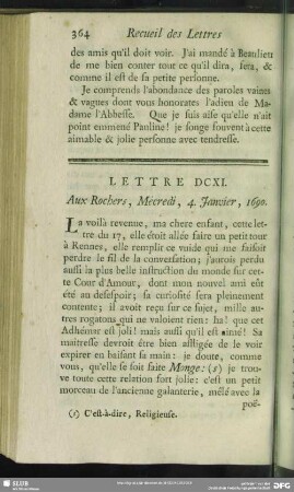 Lettre DCXI. A ux Rochers, Mécredi, 4. Janvier, 1690