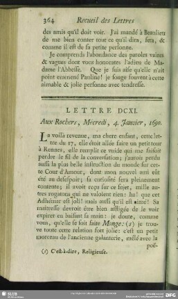 Lettre DCXI. A ux Rochers, Mécredi, 4. Janvier, 1690