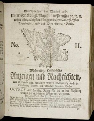 No. 11. Montags, den 18ten Martius 1765.