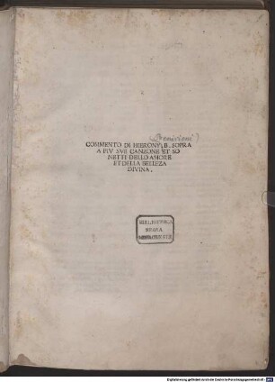 Canzoni e sonetti dell' amore e della bellezza divina : mit Kommentar des Autors und Widmungsvorrede an Giovanni Francesco Pico