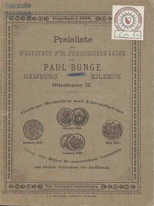 Preisliste der Werkstatt für Praecisionswaagen