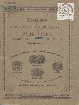 Preisliste der Werkstatt für Praecisionswaagen