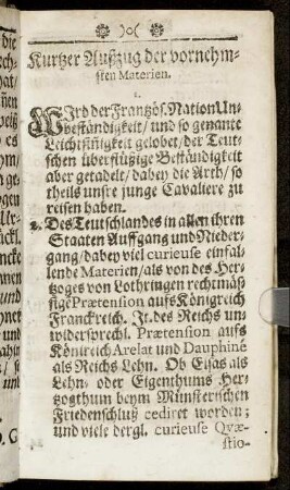 Kurtzer Außzug der vornehmsten Materien.
