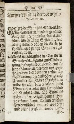 Kurtzer Außzug der vornehmsten Materien.