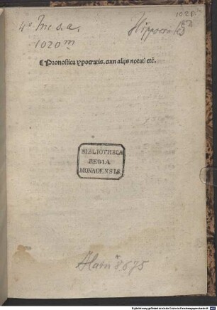 Prognostica Hippocratis : Secreta. Im Anhang lat. und dt. Rezeptsammlung