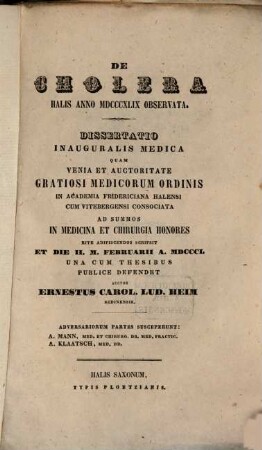 De cholera Halis anno MDCCCXLIX observata : dissertatio inauguralis medica