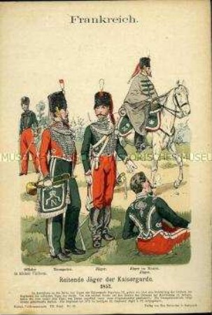 Uniformdarstellung, Offizier, Trompeter und Gemeine des Jäger-Regiments zu Pferde der Kaisergarde, Zweites Kaiserreich Frankreich, 1857.