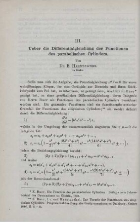III. Ueber die Differentialgleichung der Functionen des parabolischen Cylinders.